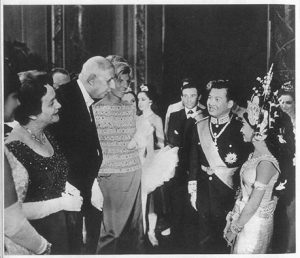 General de Gaulle and his wife, together with Ms. Pompidou, greeting HRH Samdech Preah Apyuvareach Norodom Sihanouk and his eldest daughter, HRH Princess Norodom Buppha Devi at Opera Garnier, July 1964